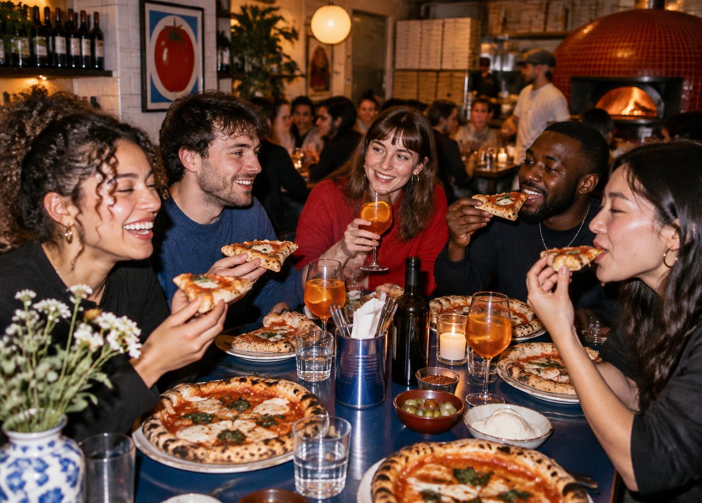 Freunde teilen Pizza und Aperitivo bei Ciao Ciao